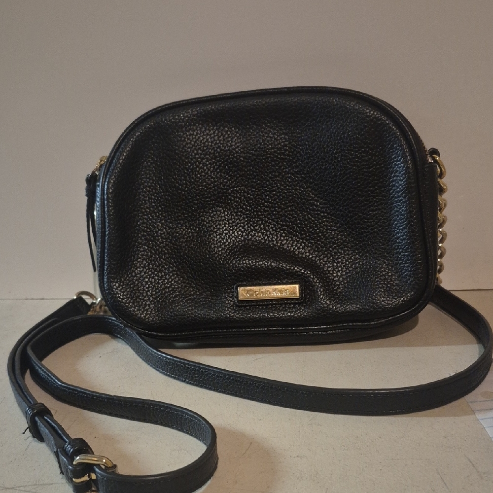 Calvin Klein Collection Black Leather Crossbody with Gold Accents